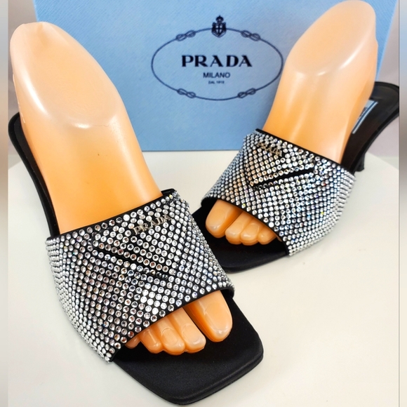 NWT$1,650 PRADA Satin Crystal Open Toe Logo Embellished Slides Mules Sz 39 - Picture 9 of 17